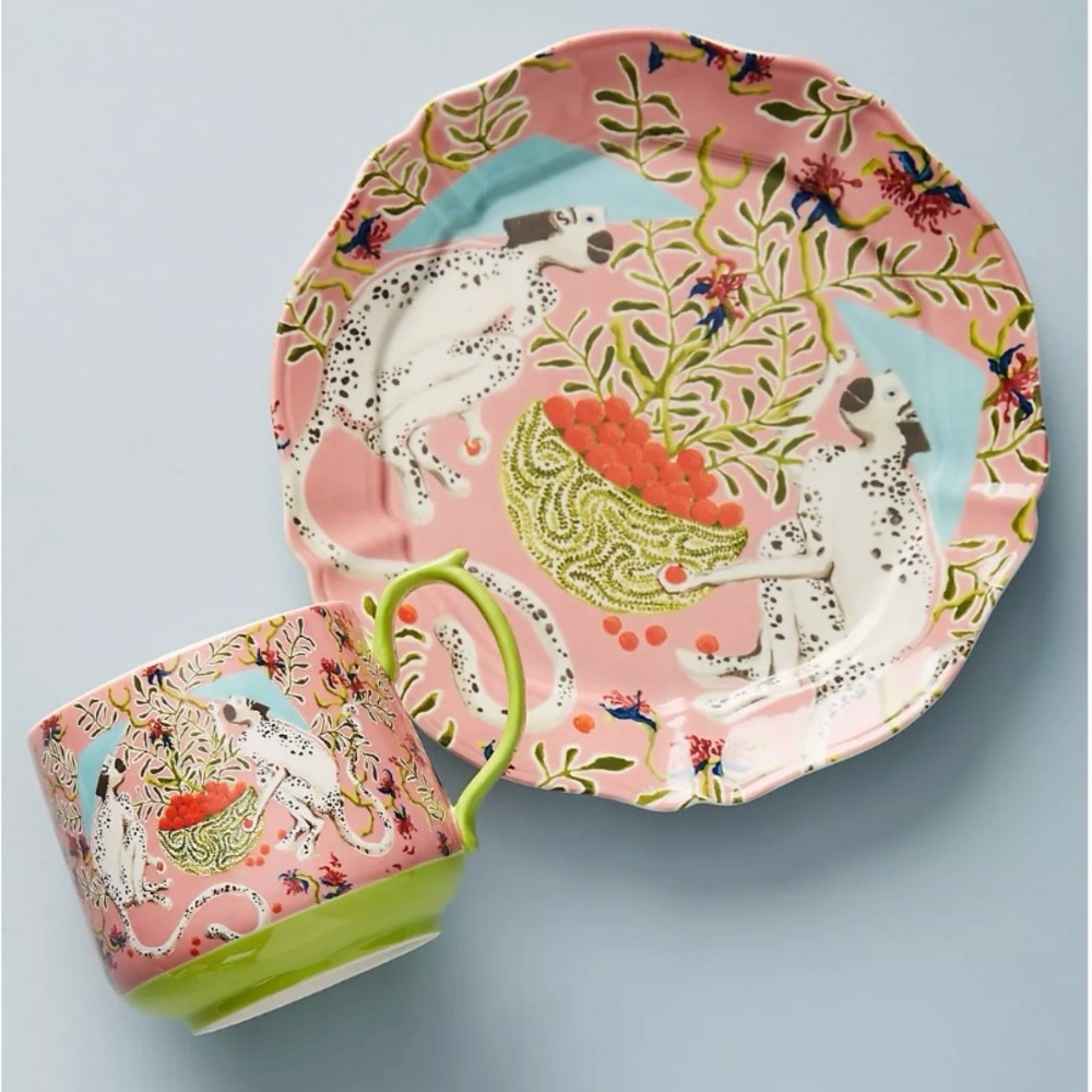 Anthropologie Paige Gemmel Pink and Green Monkey Print Mug